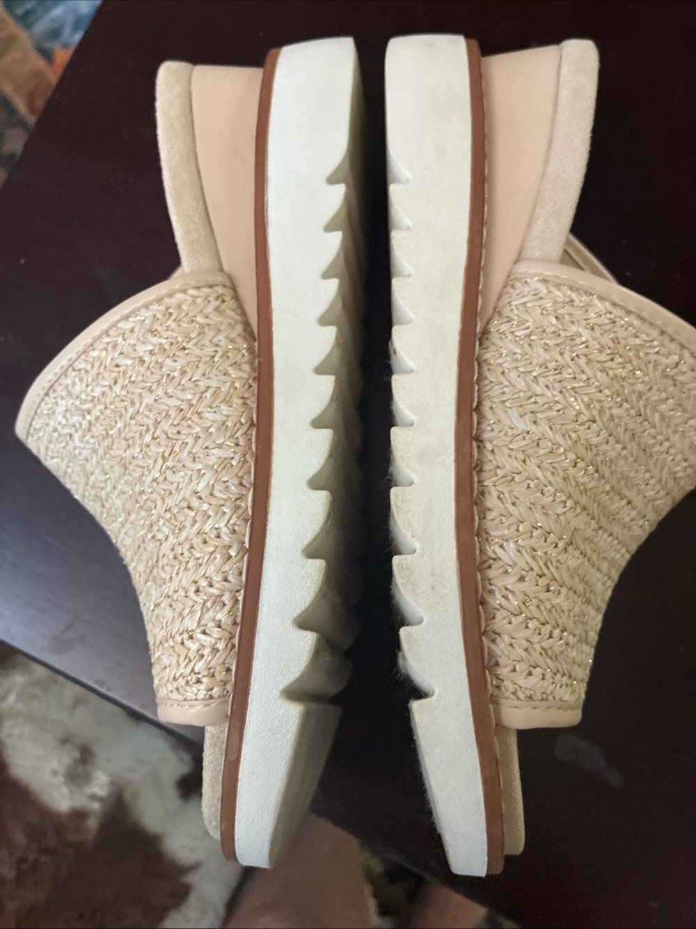 Pierre Dumas Ivory Gold Woven Slide Mule Wedge Shoes SZ 6.5 - Picture 5 of 8